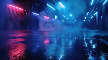 Dark street, wet asphalt, reflections of rays in the water. Abstract dark blue background, smoke, smog. Empty dark scene, neon light, spotlights. Concrete floor