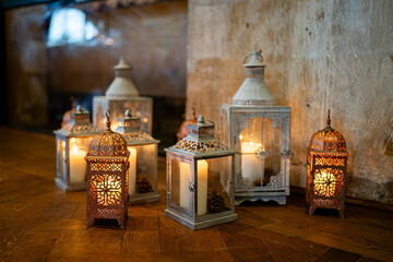 Moroccan lamps lit with candles