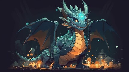AI generated illustration of a powerful blue dragon standing in front of a raging fire