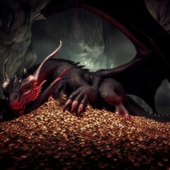 AI generated illustration of a majestic dragon sprawled out atop a pile of coins and rocks