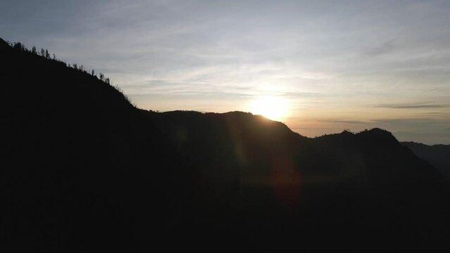 Silhouette range of mountains with bright sunset sky, for wallapaper