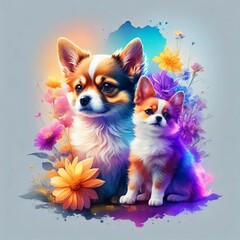 AI generated illustration of cute chihuahua puppies with abstract watercolor powdery patterns