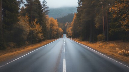 Obraz premium Deciduous leaves, autumn, asphalt roads across forests. Subtle fog, beautiful, peaceful and tranquil national park backdrop. generative AI