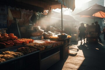 AI generated illustration of an outdoor Asian food market - obrazy, fototapety, plakaty