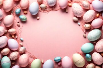 Soft pastel pink background highlighted by intricate Easter embellishments and a variety of eggs, forming a captivating canvas for your celebratory text