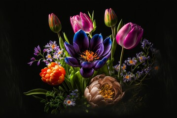 a bunch of flowers in a vase with different colors and designs