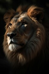 Naklejka premium AI generated illustration of a lion with a long and flowing mane stands proudly