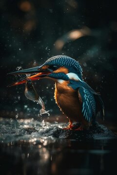AI generated illustration of a common kingfisher catching a fish from the depths of the water