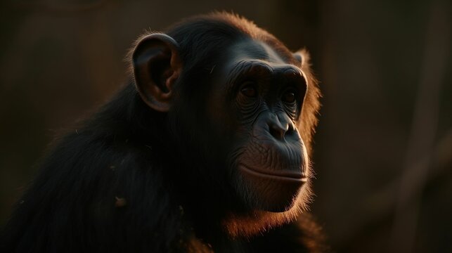 AI generated illustration of a chimpanzee with sunlight on its face