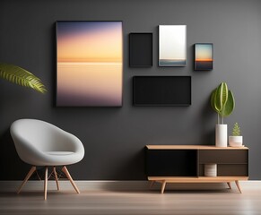 AI generated illustration of a contemporary chair near a wall with paintings and plants