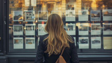 Une femme regardant des annonces immobilières dans la vitrine d'une agence.
