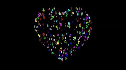 Beautiful illustration of heart shape with colorful numbers on plain black background