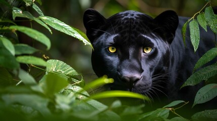 AI-generated illustration of a black panther behind bushes looking directly at the camera.