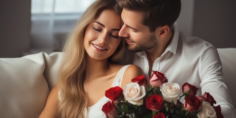 Man and woman on the sofa with a bouquet of roses, romance, Valentine's day