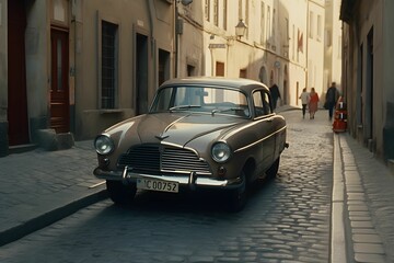 AI generated illustration of an old vintage car parked on a cobblestone road