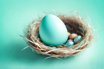 Delightful image of a pastel-hued Easter egg in a nest on the side, against a light turquoise background with a nest in shades of aqua, providing a serene and flat surface for your celebratory message