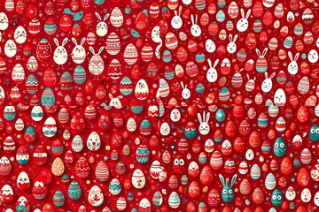 Easter egg characters in a trendy side-flat composition with a background in bold crimson red