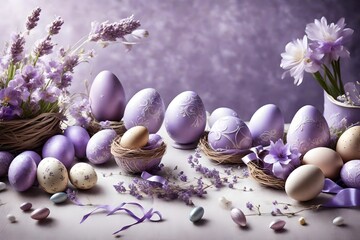 Fototapeta na wymiar Subtle lavender-colored scene with elaborate Easter embellishments and an assortment of eggs, creating an enchanting setting for your celebratory message
