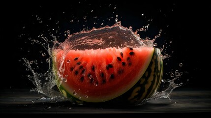 AI generated illustration of a juicy watermelon slice splashing in liquid on a black background