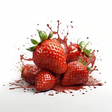 AI generated illustration of delicious juicy strawberries splashing in liquid on a white background