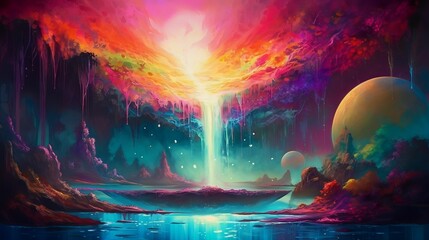 an imaginary mystical landscape with light pouring into a lake in a cave