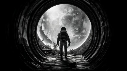 a man in space suit standing at the end of a tunnel