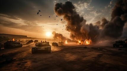 Several military tanks in a desert environment, with smoke in the air, AI-generated.