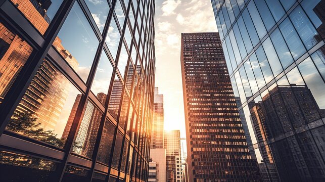 AI generated illustration of a city skyline illuminated by the warm hues of the morning sunrise