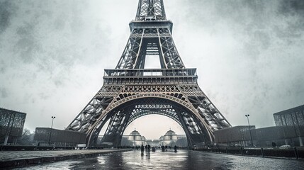 AI generated illustration of the iconic Eiffel Tower in Paris on a rainy cloudy day, France