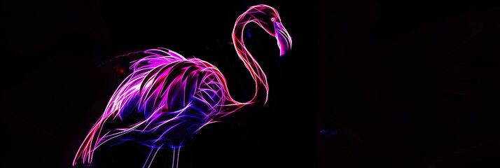 Vibrant pink and purple neon flamingo silhouette isolated on black background. Created with generative AI.