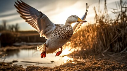 AI generated illustration of a duck taking flight in front of a tranquil body of water