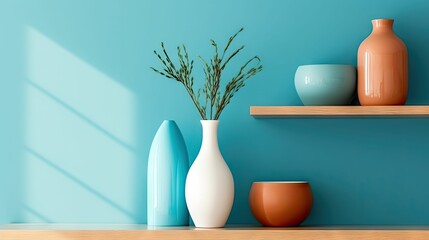 AI generated illustration of decorative pots and bowls against a  blue wall