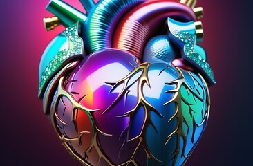 Colorful vibrant color heart shape medicine logo sign. Anatomical human heart iridescent fluid gradient bright holographic futuristic design. with multi-colored mineral stones, agate, marble, quartz