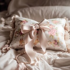 Plush white pillow with floral patterns and a bow. AI-generated.