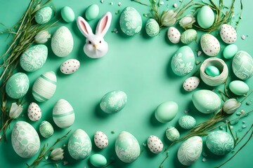 Top-down view of a gentle mint green scene adorned with elaborate Easter decorations and an array of eggs, forming an ethereal eagle-eye setting for your celebratory words