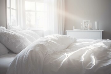 Fototapeta na wymiar AI generated illustration of a serene bedroom flooded with natural sunlight, with a crisp white bed