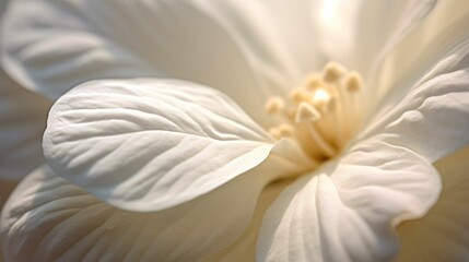 Detailed macro shot of white flower petals illuminated by soft, natural light, AI-generated.
