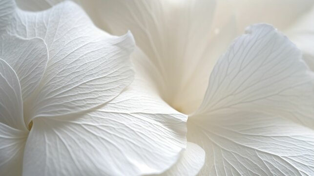 Detailed macro shot of white flower petals illuminated by soft, natural light, AI-generated.