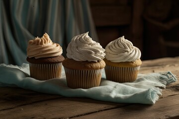 Tasty selection of delicious cupcakes decorated with white cream frosting, ai-generated