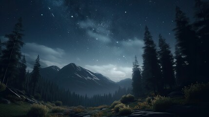 Fototapeta na wymiar Enchanting nighttime landscape of a pathway winding through a lush and serene forest, ai-generated