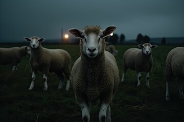 Fototapeta premium Herd of sheep grazing in a lush green meadow at dusk, ai-generated