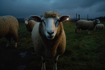 Fototapeta premium Sheep grazing in a grassy field at dusk, ai-generated