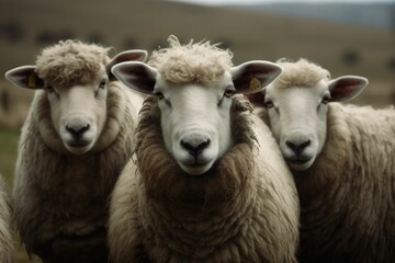 Sheep standing together in a lush green field gazing at the camera, ai-generated