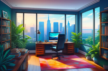 Cozy home office with hardwood floor in modern apartment for mockup, game room background. Beautiful colorful view from the window