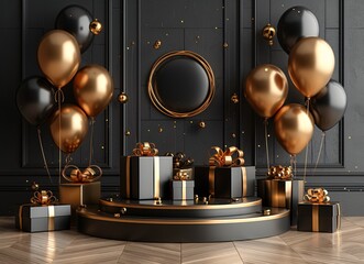 Golden Gifts: A Black and Gold Themed Party Generative AI