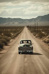 AI generated illustration of A vintage car driving down a dirt road with mountain in the background