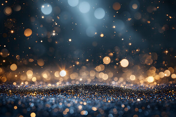 Abstract Blue and Gold Glitter Background with Bokeh Lights - obrazy, fototapety, plakaty
