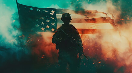 the american flag with a soldier in front