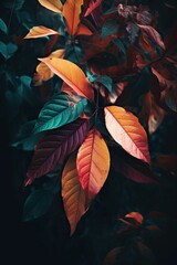 AI generated illustration of red, orange and purple leaves on dark background