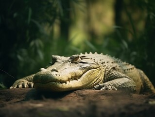 Fototapeta premium AI generated illustration of the alligator resting in its pen with grass and trees around it